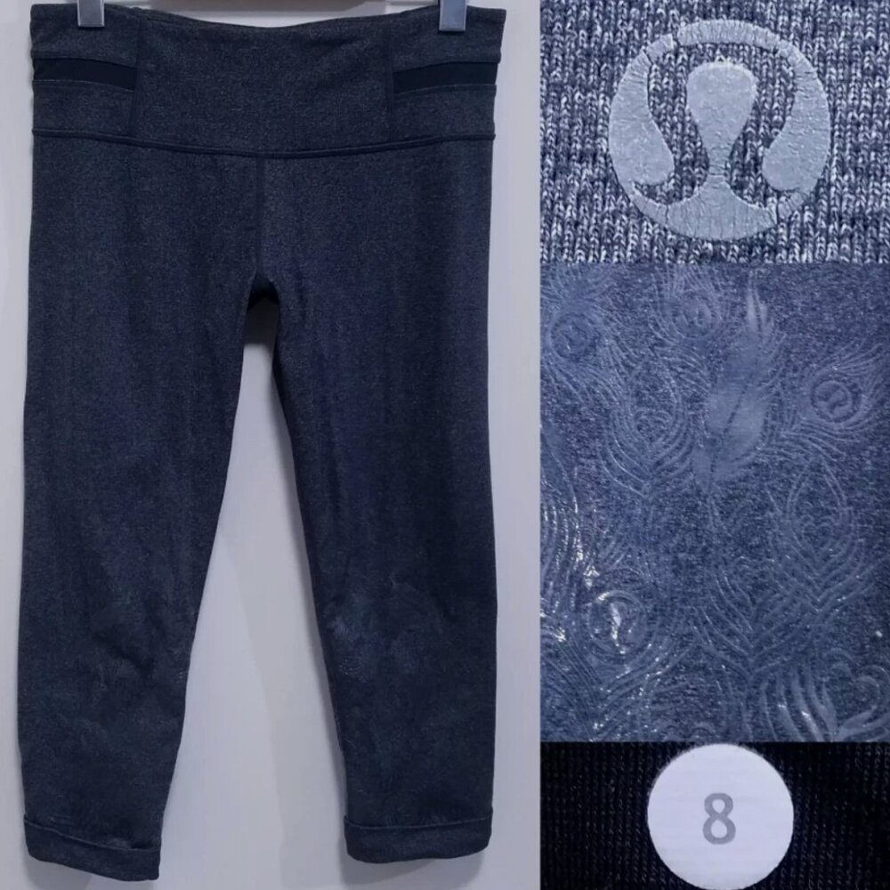 Lululemon Acro Crops Silicone Feathers Peacock 8 Medium Pants Capri Skinny Pants